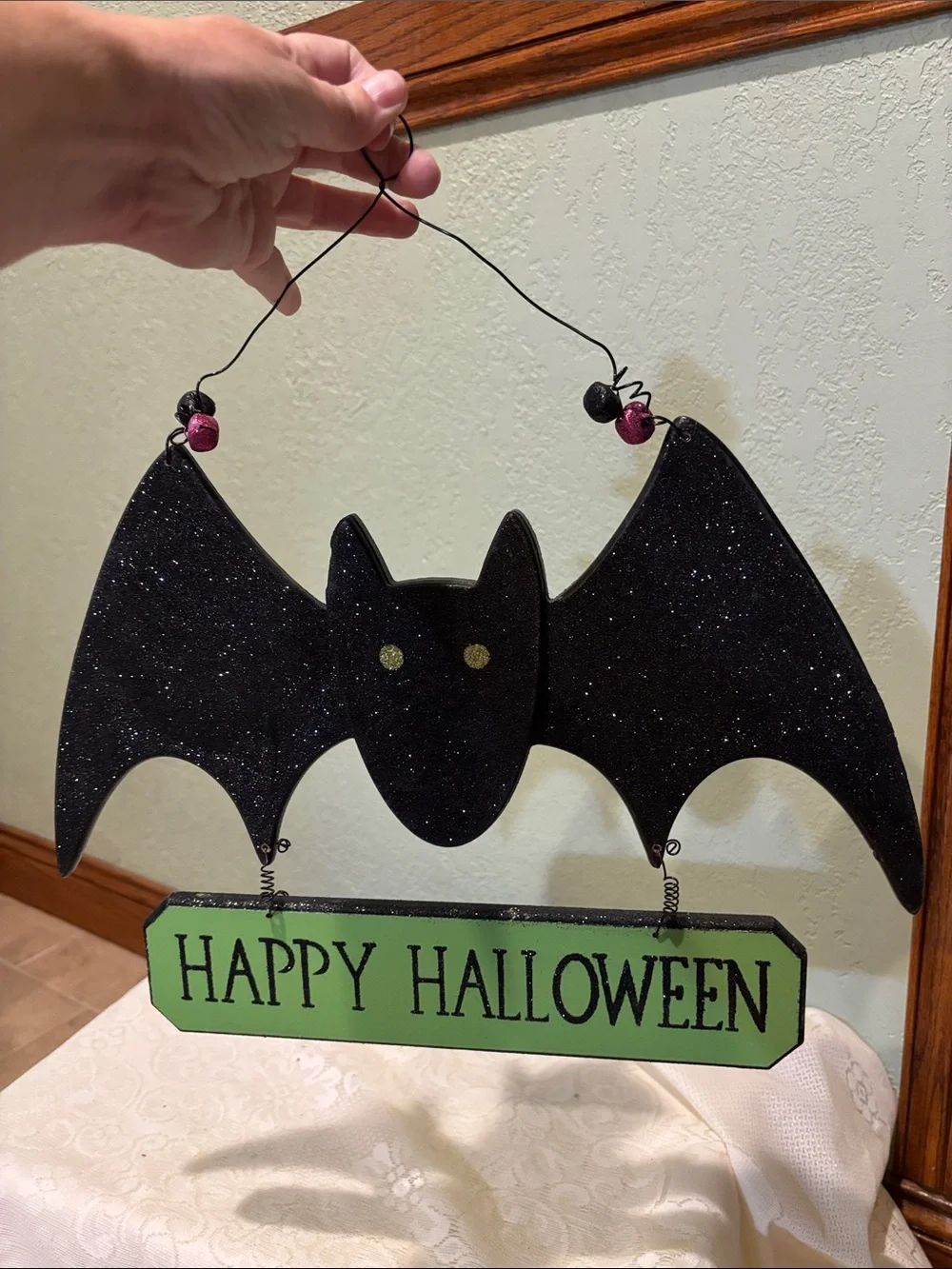 Halloween Bat Wall Hanging - Black and Green Happy Halloween 14 x 14 Sign